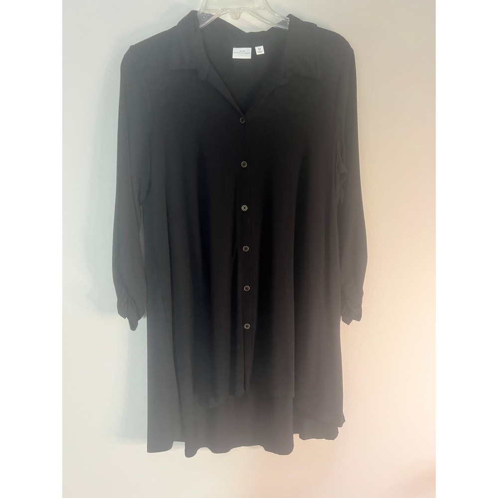 New Directions Womens Black Hi-Low Button Down Cardigan Blouse Ruched Sleeve M
